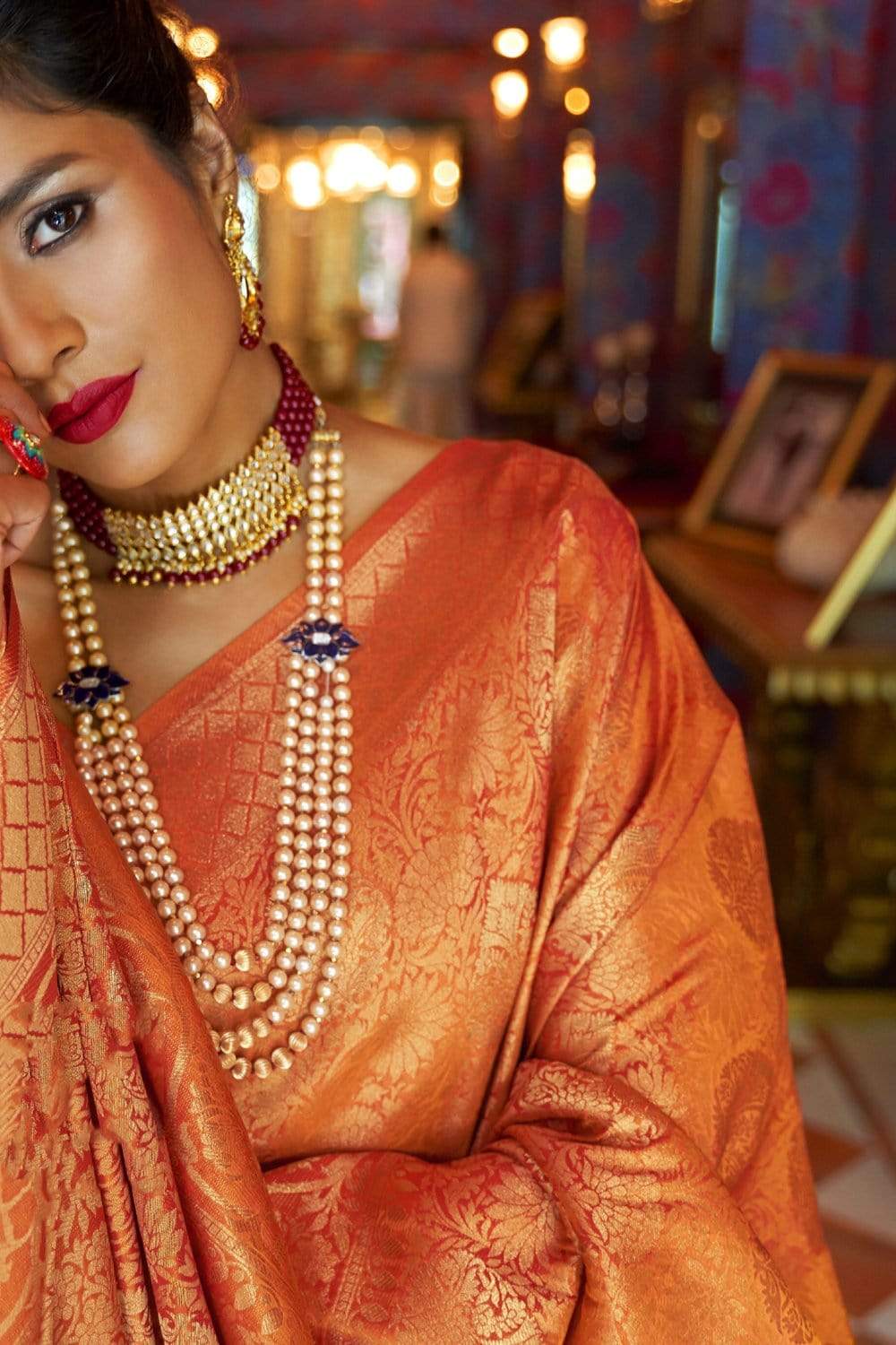 Copper Orange Kanjivaram Silk Saree With Floral Jaal Weaving – Cherrypick